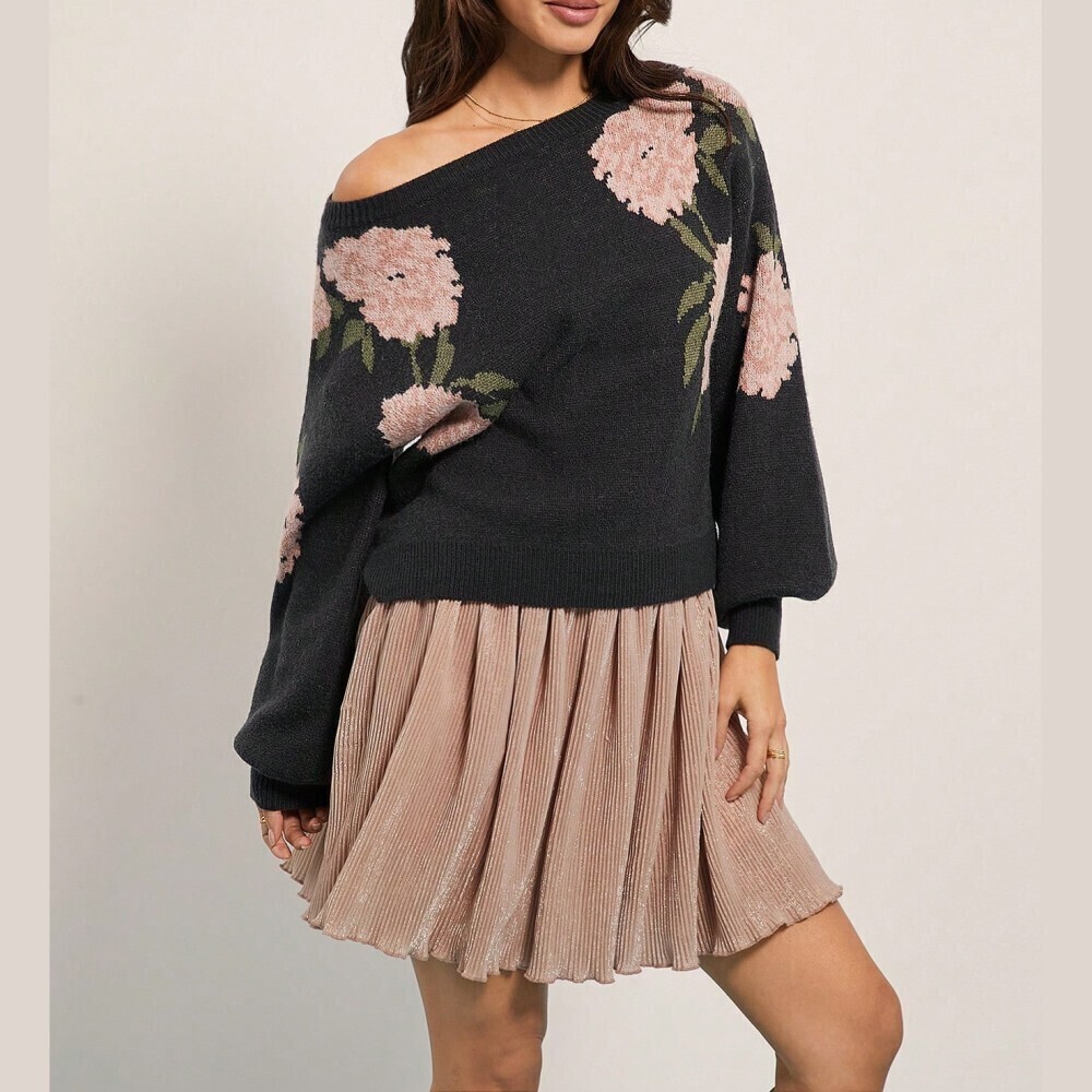 Charcoal Floral Knit Off-Shoulder Balloon Sleeve Sweater